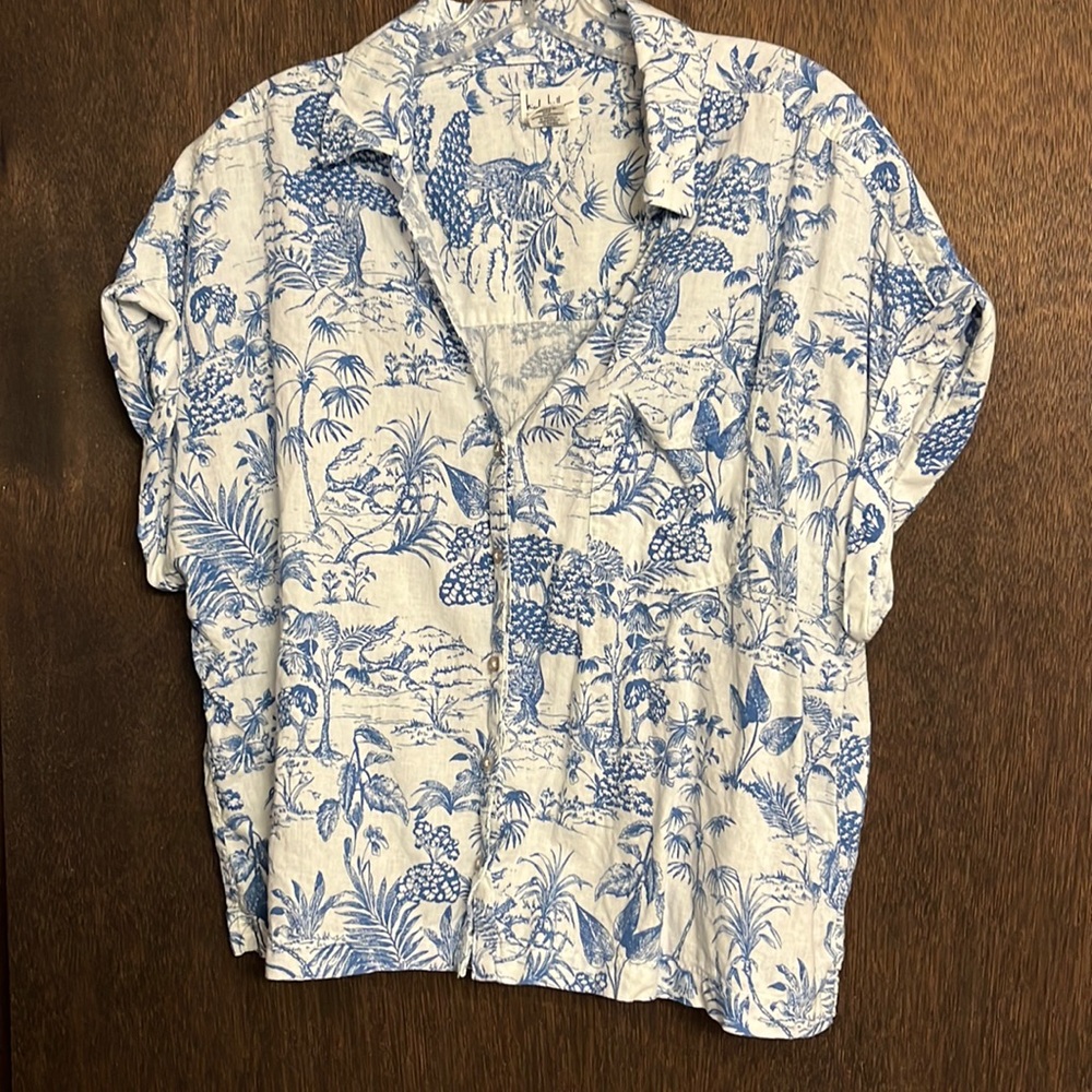Blue and white tropical pattern linen button down shirt